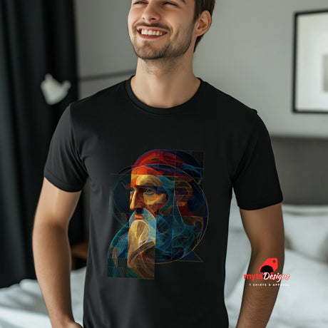 Man wearing a black t-shirt with a colorful graphic design, standing in a room.