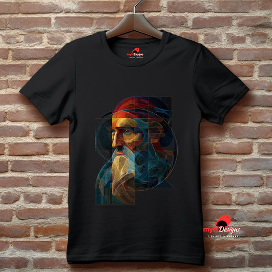 A black T-shirt featuring a vivid geometric portrait inspired by Fibonacci patterns and golden ratio principles, printed in bright reds, blues, oranges, and yellows – modern artistic math fusion design by MytsDesigns.” Hanging on a brick wall.