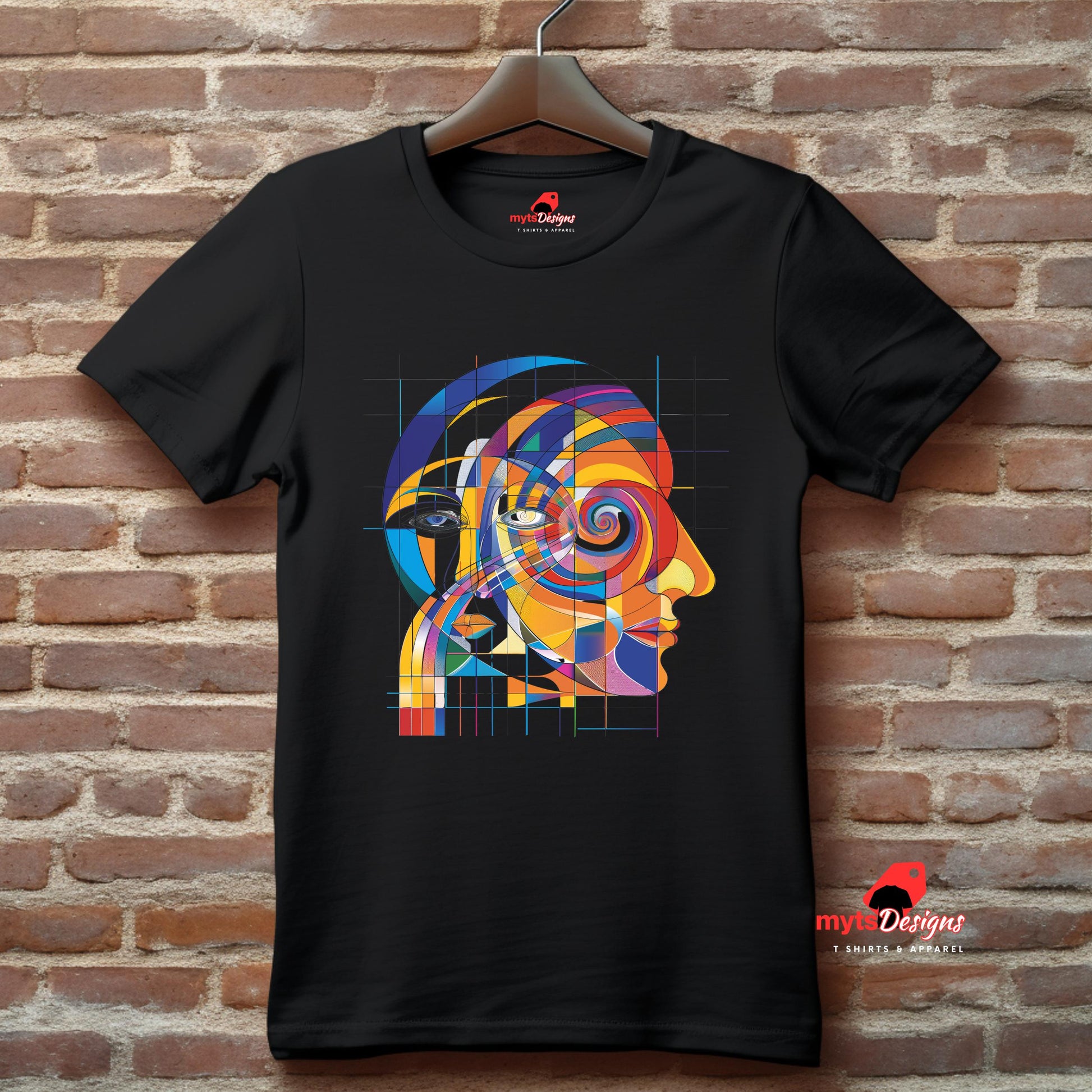 Black t-shirt with colorful abstract design on a brick wall background