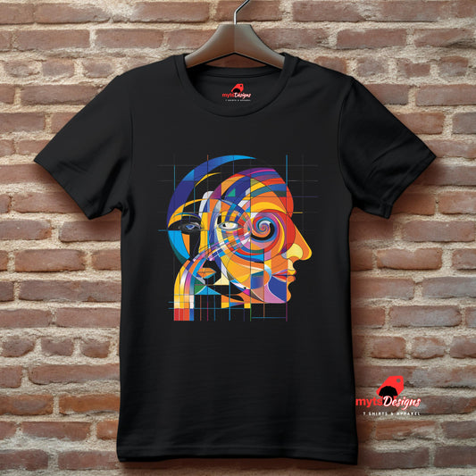 Black t-shirt with colorful abstract design on a brick wall background