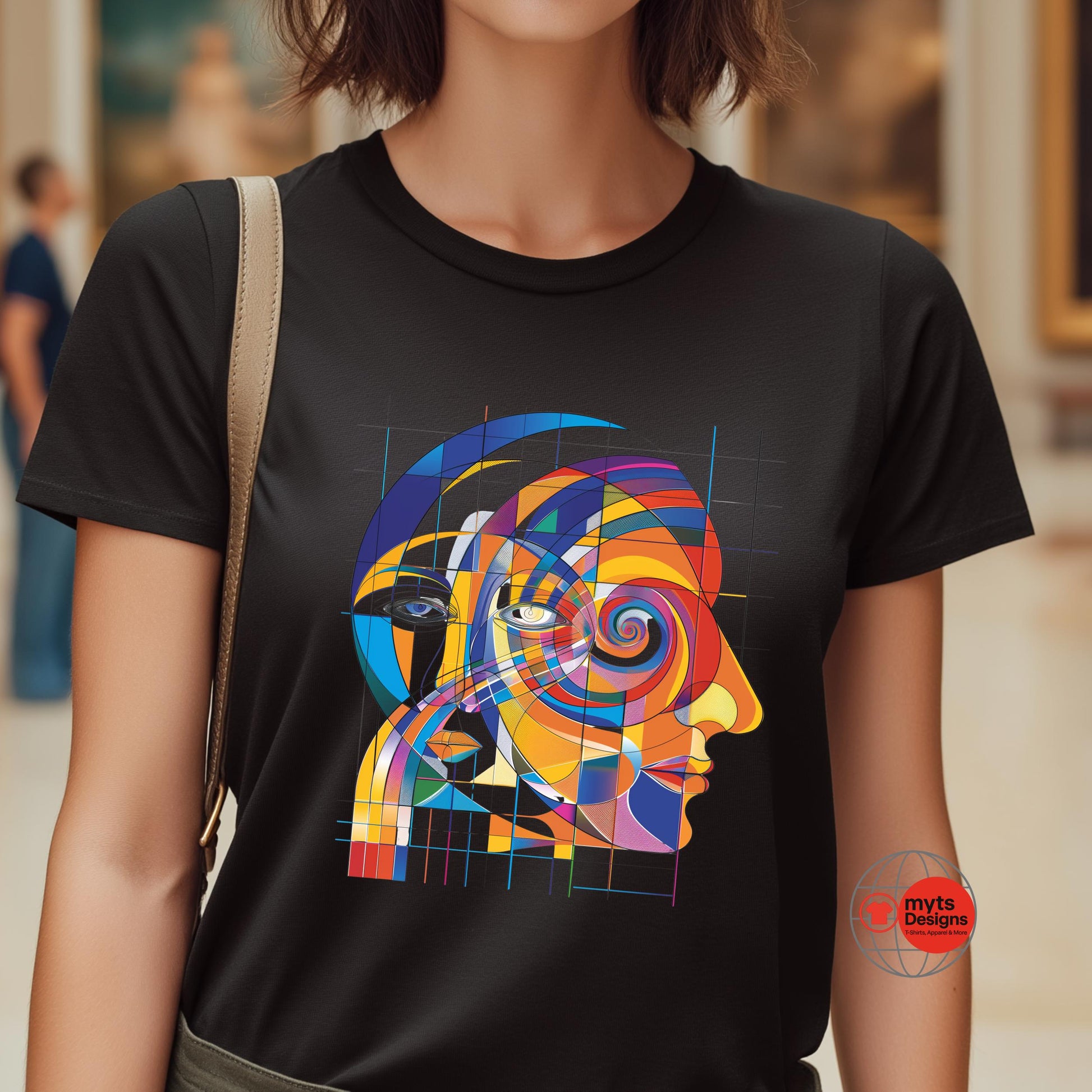 Person wearing a black t-shirt with a colorful abstract design of a face.
