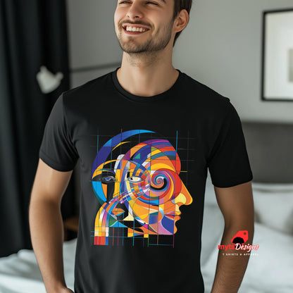 Man wearing a black t-shirt with a colorful abstract design, standing in a room.
