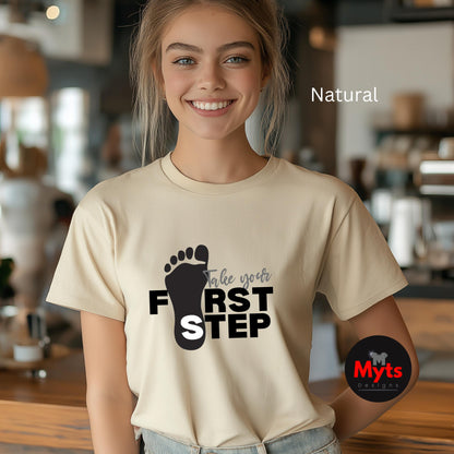 A woman wearing a Natural t-shirt with a motivational message in a casual setting