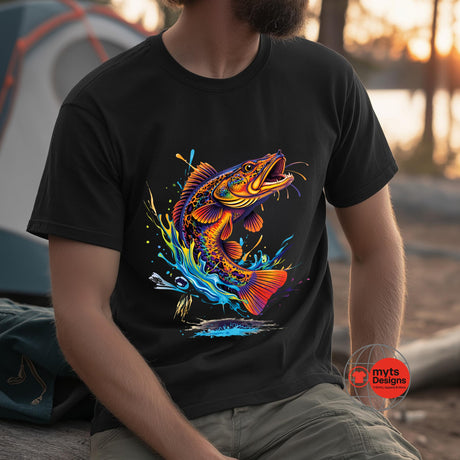 Person wearing a black t-shirt with a colorful fish design, sitting outdoors.