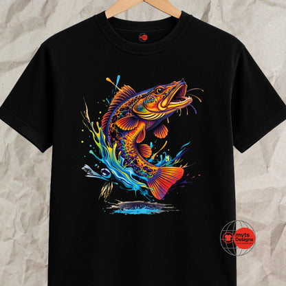 Black t-shirt with a colorful fish graphic on a textured gray background