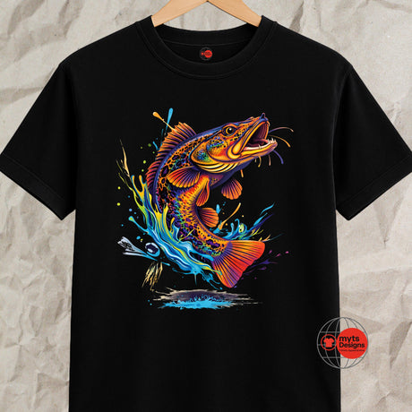 Black t-shirt with a colorful fish graphic on a textured gray background