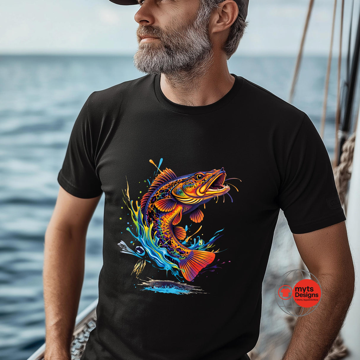Man wearing a black t-shirt with a colorful fish design on a boat.