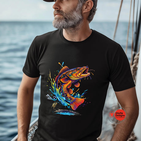 Man wearing a black t-shirt with a colorful fish design on a boat.