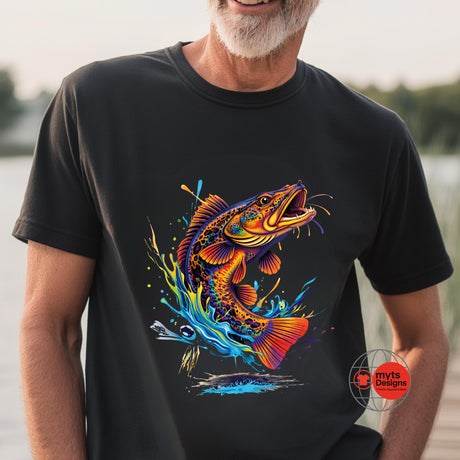 Man wearing a black t-shirt with a colorful fish design outdoors.