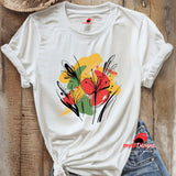 White T-shirt with bold abstract floral design featuring red blooms, yellow and green brushstrokes, and black line art accents, from MytsDesigns.com