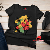 Black T-shirt with bold abstract floral design featuring red blooms, yellow and green brushstrokes, and black line art accents, from MytsDesigns.com