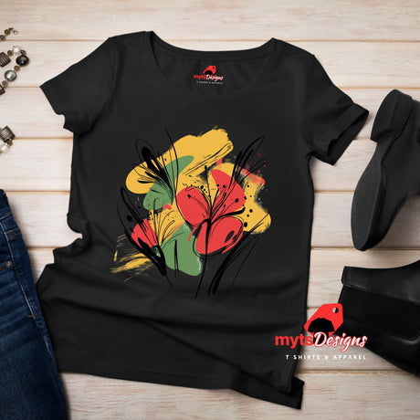 Black T-shirt with bold abstract floral design featuring red blooms, yellow and green brushstrokes, and black line art accents, from MytsDesigns.com