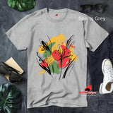 Sports Grey T-shirt with bold abstract floral design featuring red blooms, yellow and green brushstrokes, and black line art accents, from MytsDesigns.com
