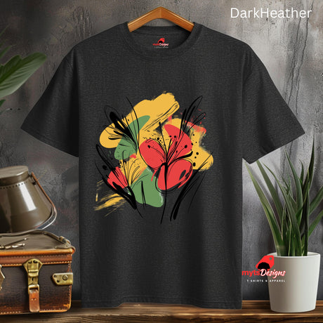 Black T-shirt with bold abstract floral design featuring red blooms, yellow and green brushstrokes, and black line art accents, from MytsDesigns.com