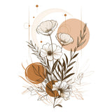 Decorative illustration of flowers and leaves with circular elements on a white background