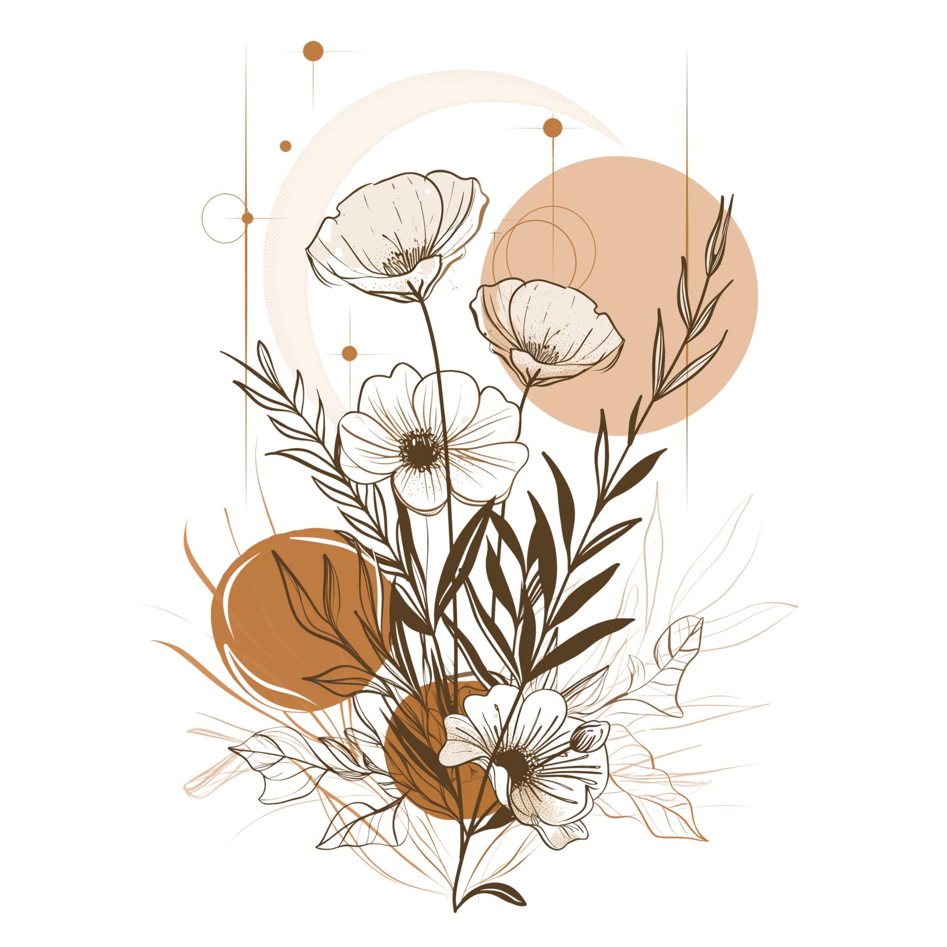 Decorative illustration of flowers and leaves with circular elements on a white background