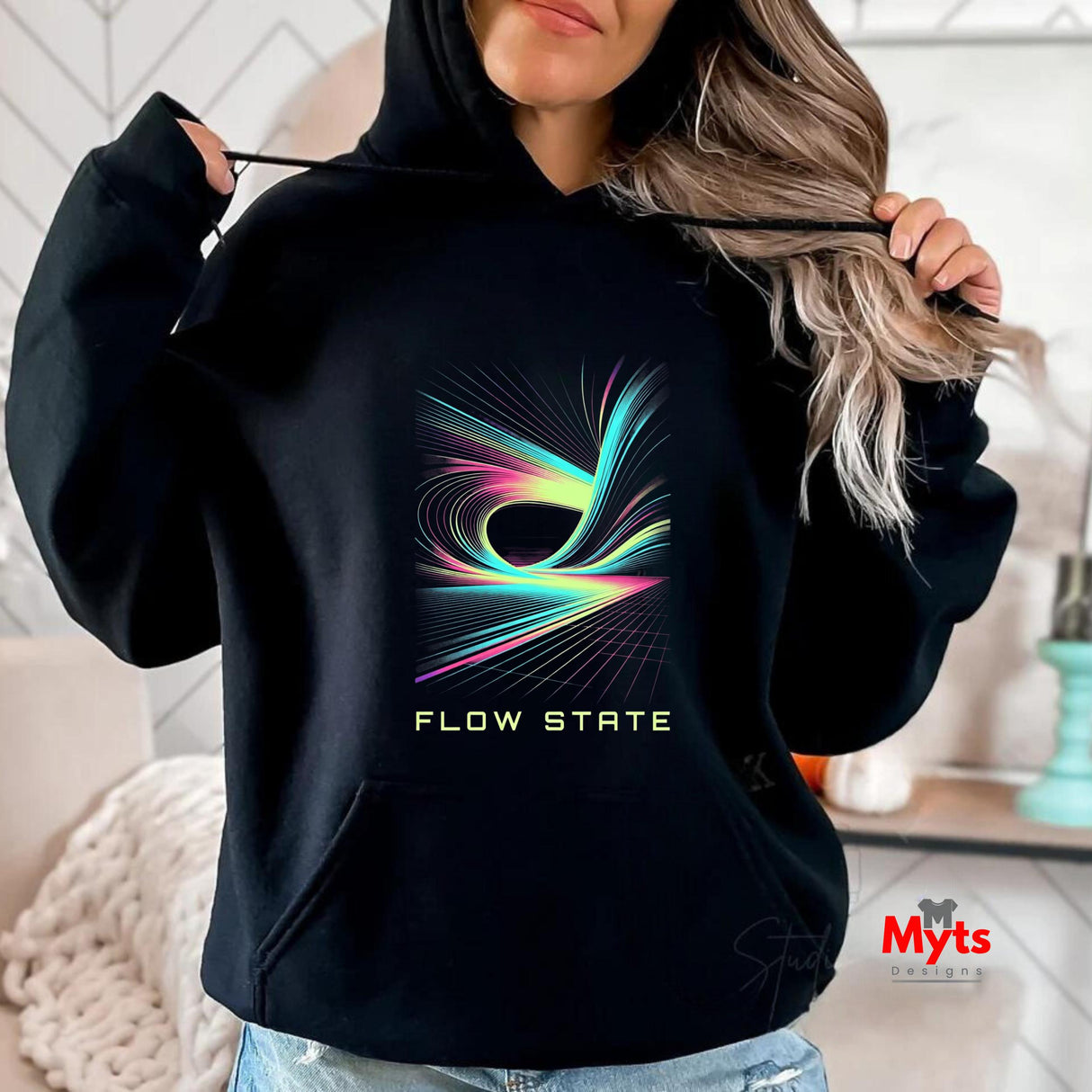 Flow State Abstract Hoodie – Neon Wave Graphic Pullover