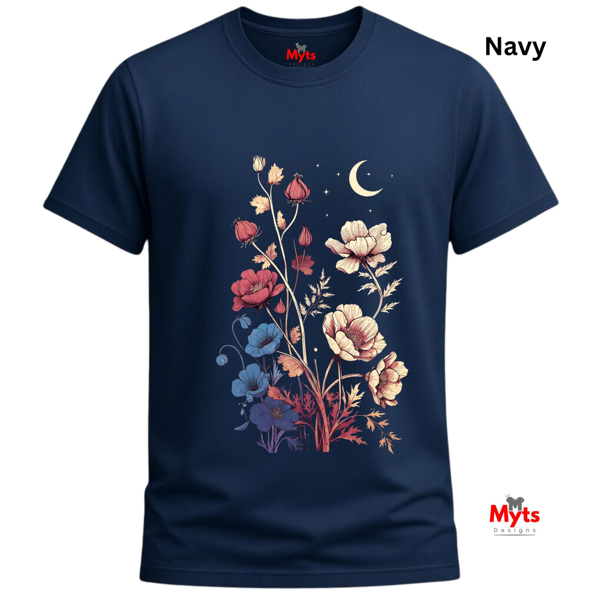 A navy blue short-sleeve t-shirt with a colorful graphic of wildflowers, a crescent moon, and stars on the front. The brand name 'Myts' is visible on the inner neck label and as a watermark in the bottom right corner.