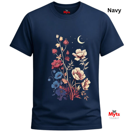 A navy blue short-sleeve t-shirt with a colorful graphic of wildflowers, a crescent moon, and stars on the front. The brand name 'Myts' is visible on the inner neck label and as a watermark in the bottom right corner.