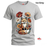 An ice grey short-sleeve t-shirt with a detailed graphic of a fox surrounded by autumn flowers. The text 'Ice Grey' is displayed in the top right corner, and the brand logo 'Myts' is visible on the inner neck label and as a watermark in the bottom right corner.