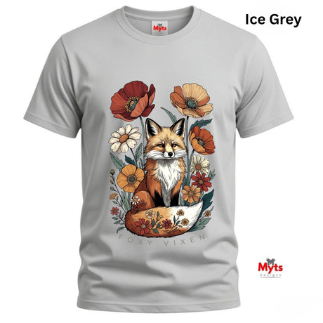 An ice grey short-sleeve t-shirt with a detailed graphic of a fox surrounded by autumn flowers. The text 'Ice Grey' is displayed in the top right corner, and the brand logo 'Myts' is visible on the inner neck label and as a watermark in the bottom right corner.