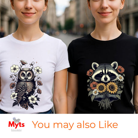 Two women wearing graphic t-shirts, one in white with an owl and flower design and one in black with a raccoon and flower design, set against a blurred street background. A banner at the bottom reads 'Myts You may also Like'.