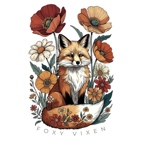 A stylized illustration of a fox surrounded by large flowers, with the text 'FOXY VIXEN' below on a plain white background.