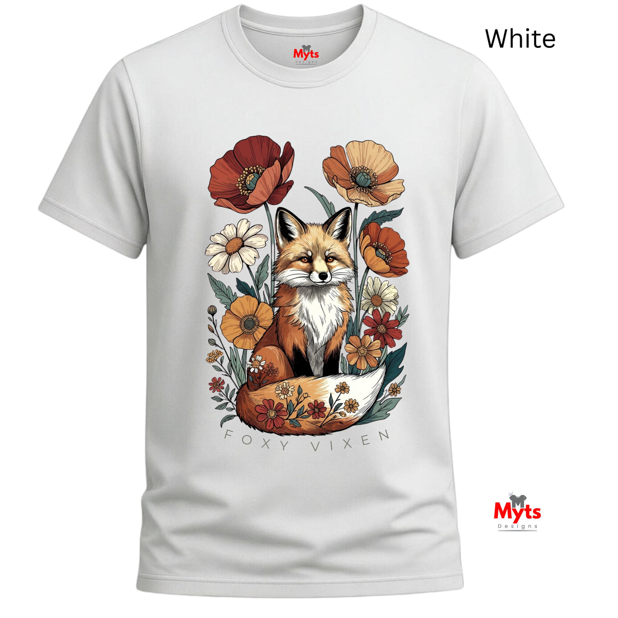 White short-sleeve crewneck t-shirt featuring a detailed graphic of a fox surrounded by wildflowers, with 'FOXY VIXEN' text printed below the illustration. The brand name 'Myts' is visible on the inner neck label and as a watermark.