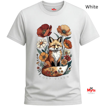 White short-sleeve crewneck t-shirt featuring a detailed graphic of a fox surrounded by wildflowers, with 'FOXY VIXEN' text printed below the illustration. The brand name 'Myts' is visible on the inner neck label and as a watermark.