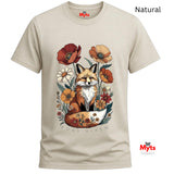 A Natural crewneck t-shirt featuring a detailed graphic of a fox surrounded by wildflowers, with the text 'FOXY VIXEN' printed below. The t-shirt is displayed on a clean white background with a 'Natural' label at the top right and a 'Myts' brand logo at the bottom right.
