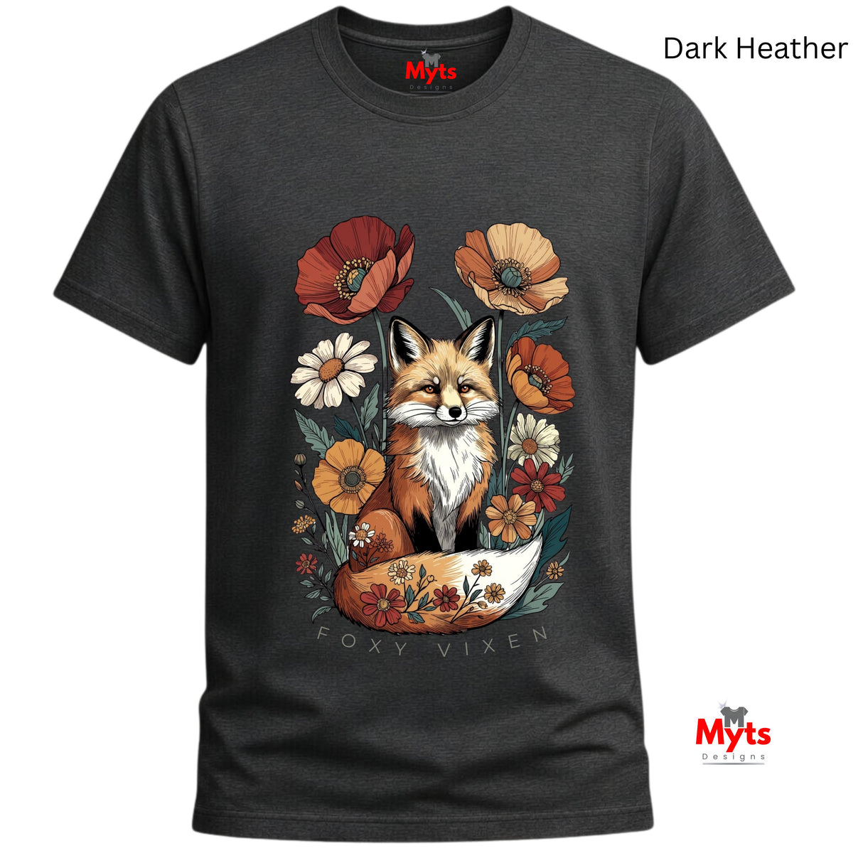 A dark heather gray t-shirt with a detailed graphic of a fox surrounded by flowers, labeled 'Dark Heather' at the top right. The shirt features a central illustration of a fox sitting in a bowl with floral elements, and the text 'FOXY VIXEN' printed below the graphic.