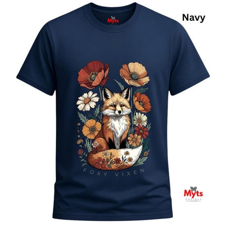 A navy blue short-sleeve t-shirt with a colorful graphic of a fox sitting in a flower pot surrounded by wildflowers. The text 'Navy' is displayed in the top right corner, and the Myts brand logo is visible on the inner neck label and as a watermark in the bottom right corner.