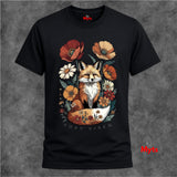 A black short-sleeve t-shirt with a detailed graphic of a fox surrounded by flowers, displayed on a textured gray background. The graphic features the text 'FOXY VIXEN' at the bottom, and the brand name 'Myts' is visible on the inner neck label and as a watermark.