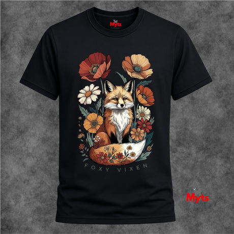 A black short-sleeve t-shirt with a detailed graphic of a fox surrounded by flowers, displayed on a textured gray background. The graphic features the text 'FOXY VIXEN' at the bottom, and the brand name 'Myts' is visible on the inner neck label and as a watermark.