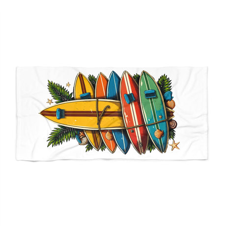 Colorful surfboard design on a white towel with decorative elements.