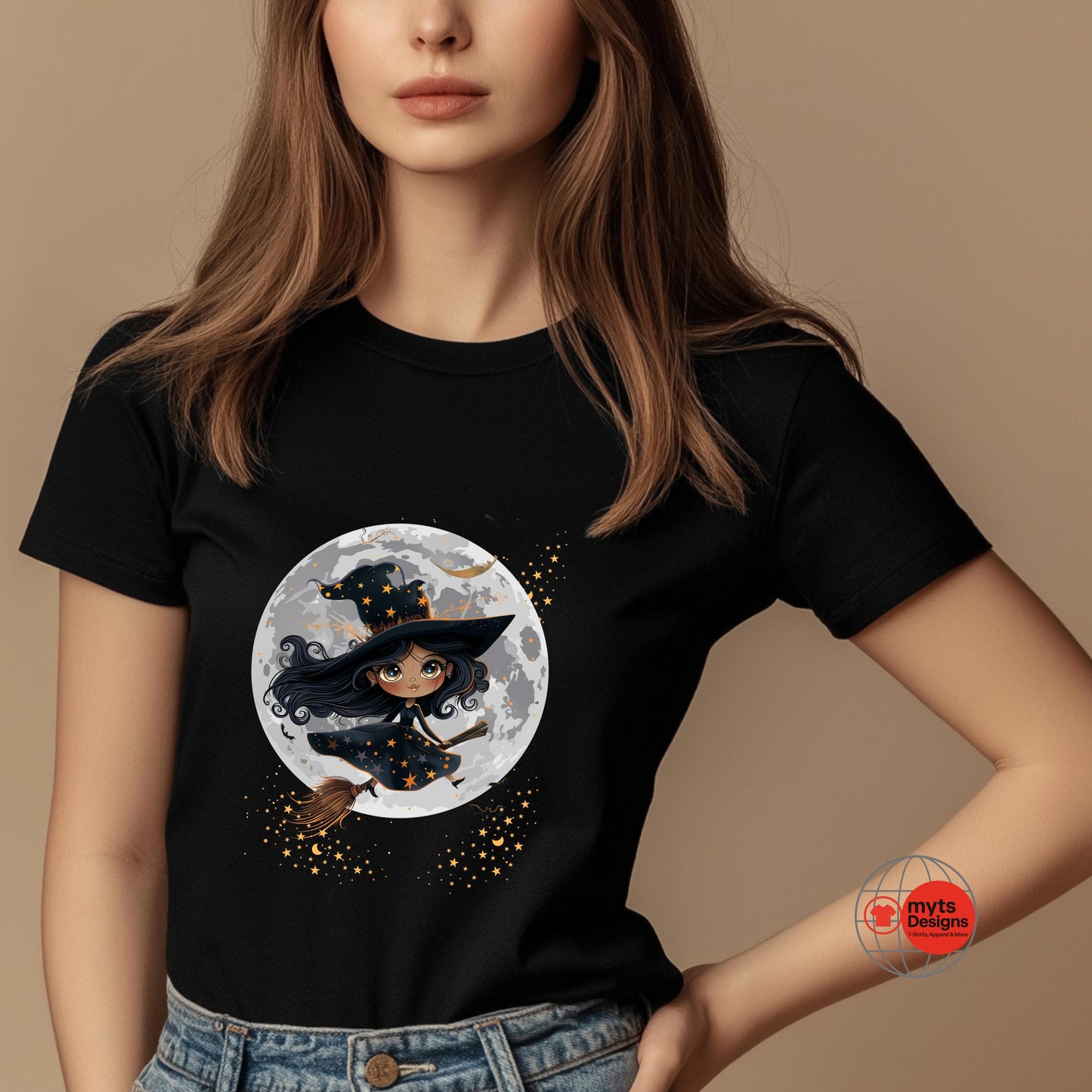 Person wearing a black t-shirt with a witch graphic design on a beige background