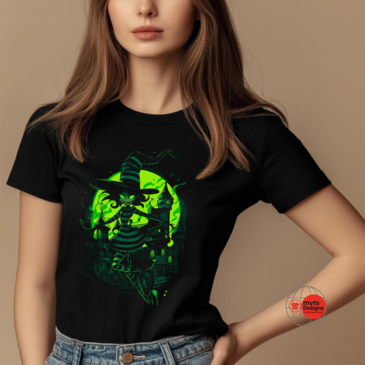 Person wearing a black t-shirt with a green graphic design on a beige background