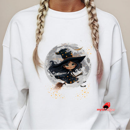 White sweatshirt with a witch graphic on a plain background