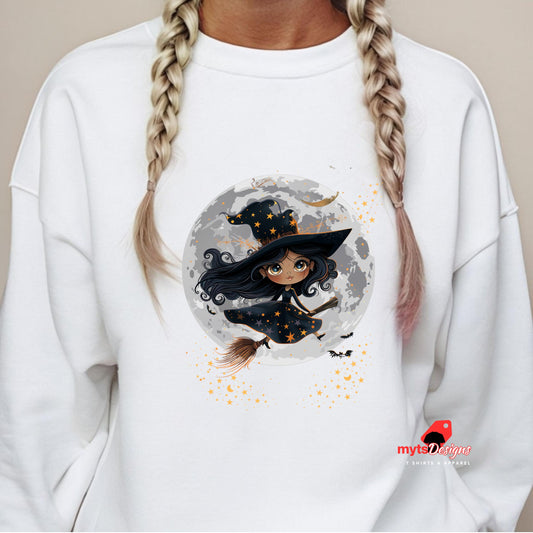 White sweatshirt with a witch graphic on a plain background