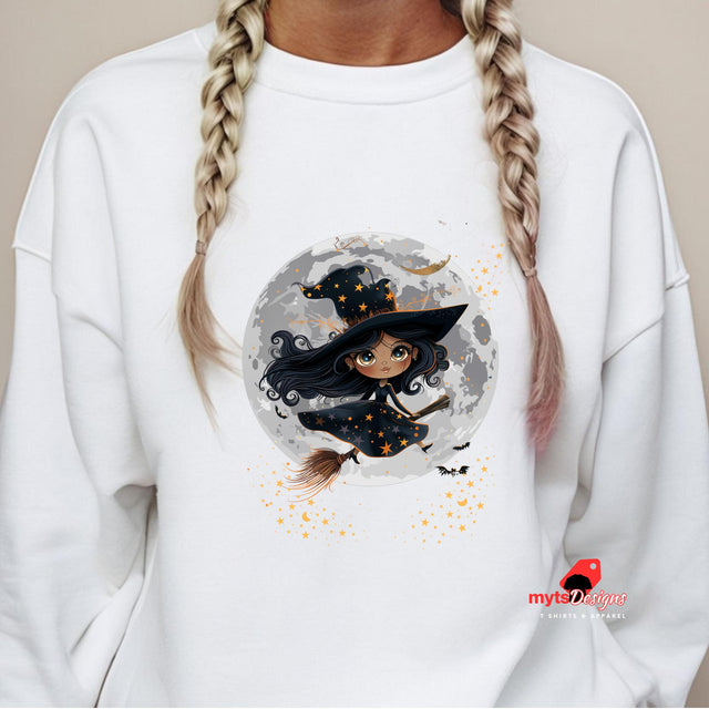 White sweatshirt with a witch graphic on a plain background