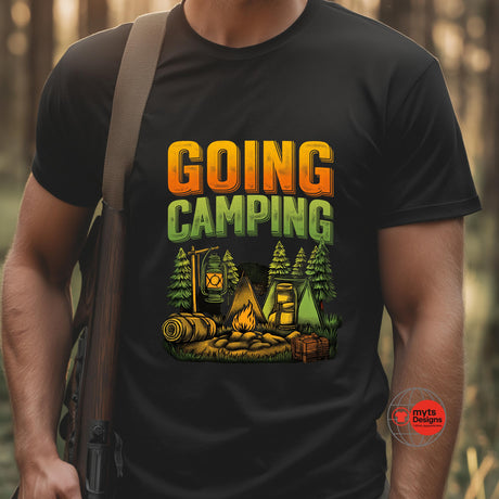 Person wearing a black t-shirt with 'Going Camping' graphic design in a forest setting