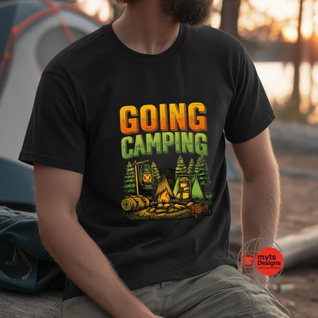 Person wearing a black t-shirt with 'Going Camping' graphic and text, sitting outdoors.