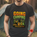 Person wearing a black t-shirt with 'Going Camping' graphic design.