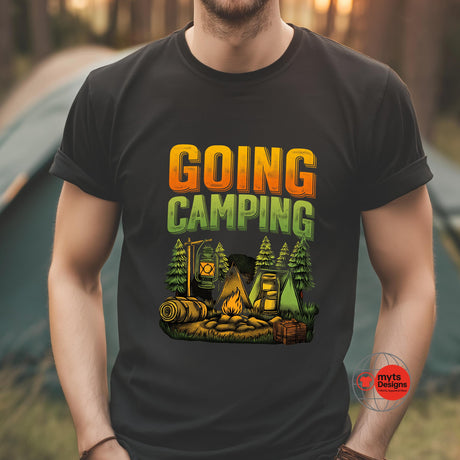 Person wearing a black t-shirt with 'Going Camping' graphic design.