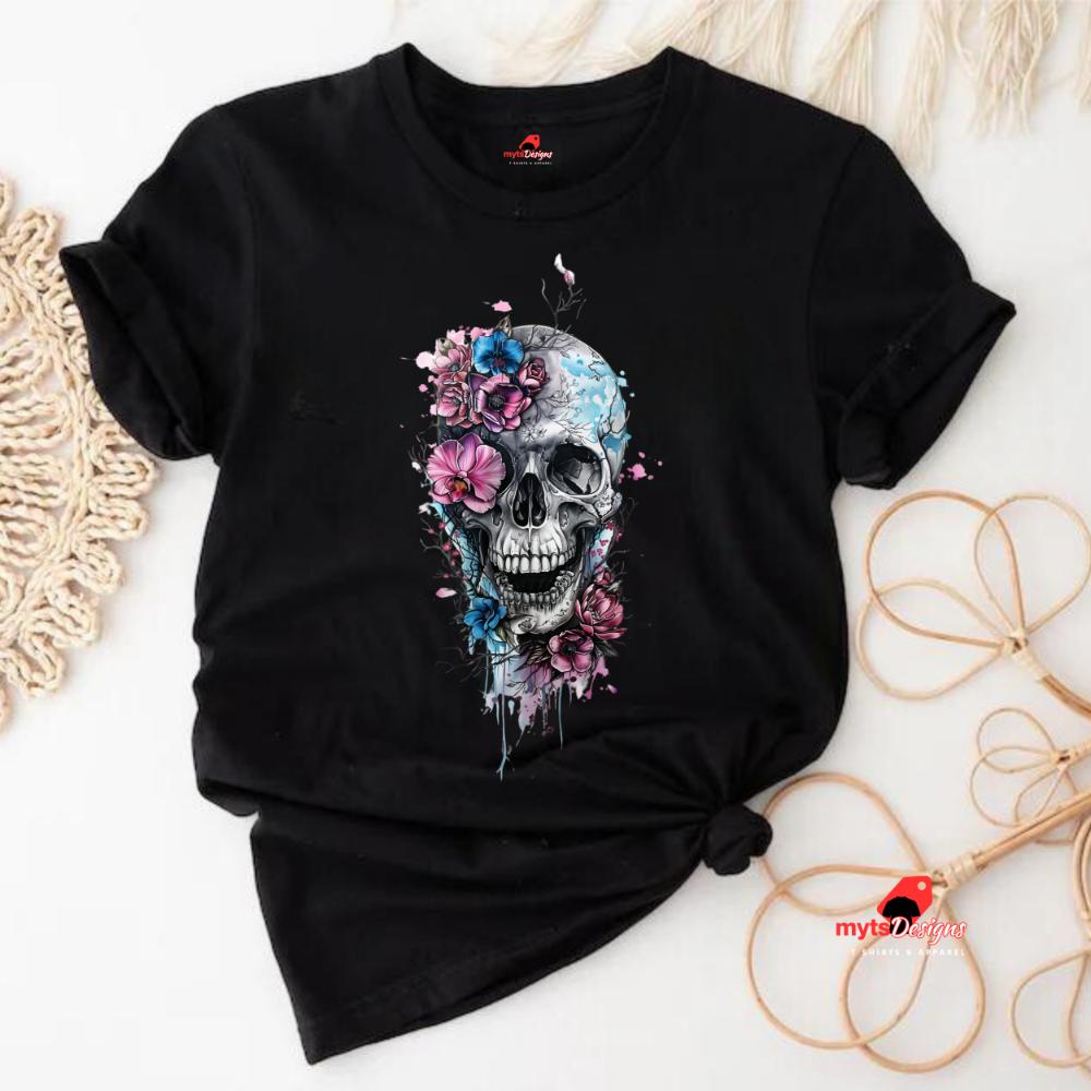 Gothic Skull in Flower Design T-Shirt,  Goth Style Graphic Tee, Skull T Shirt, Goth shirt