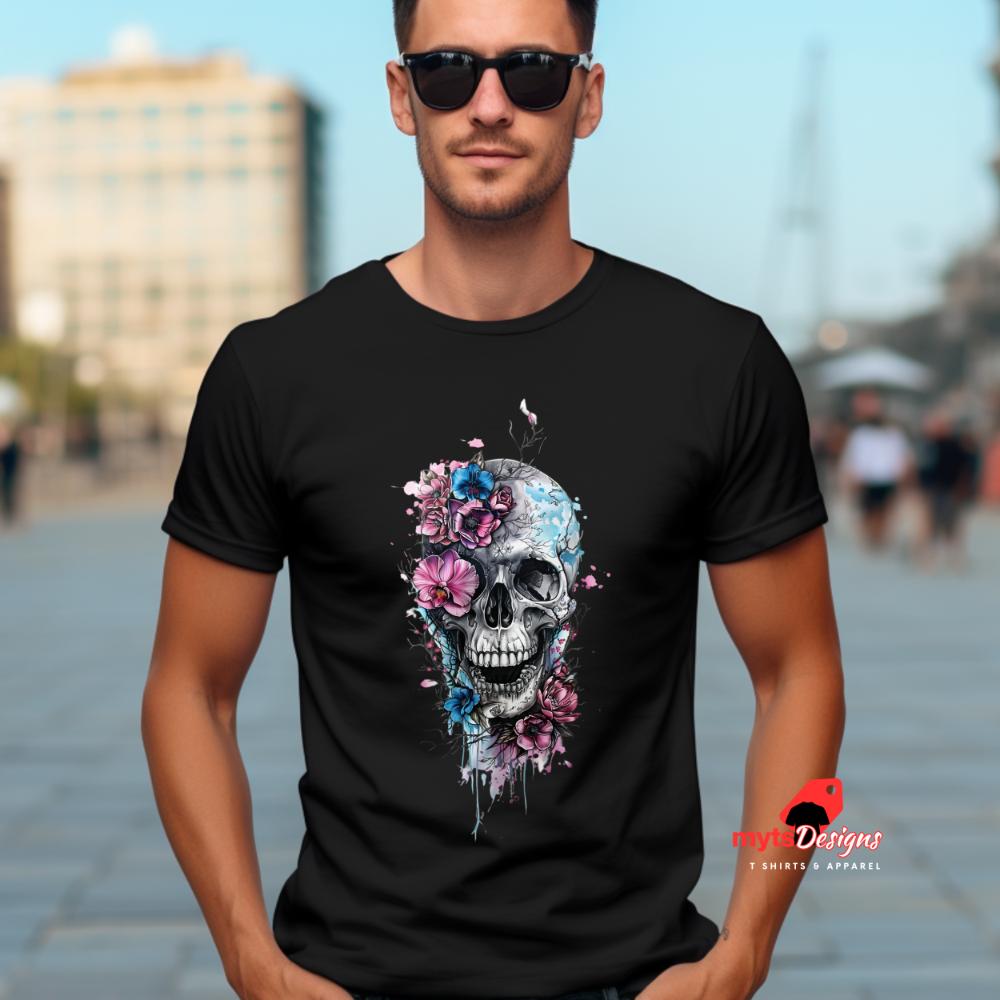 Gothic Skull in Flower Design T-Shirt,  Goth Style Graphic Tee, Skull T Shirt, Goth shirt