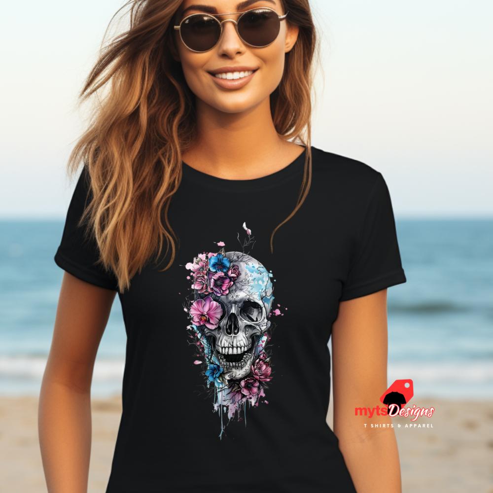 Gothic Skull in Flower Design T-Shirt,  Goth Style Graphic Tee, Skull T Shirt, Goth shirt