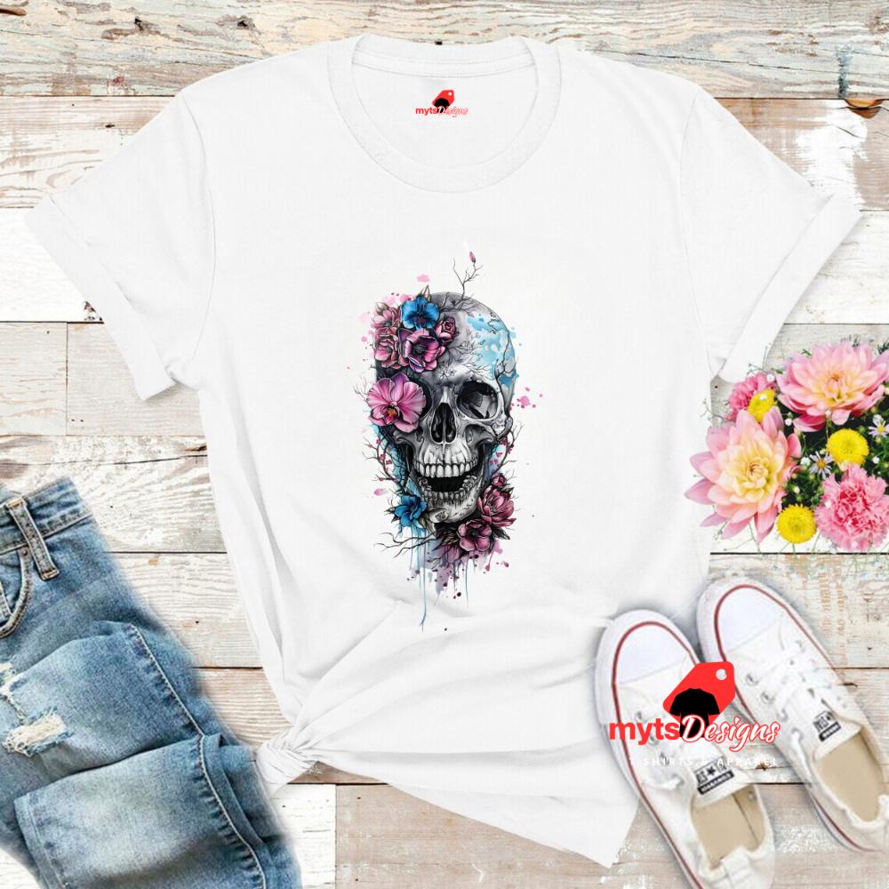 Gothic Skull in Flower Design T-Shirt,  Goth Style Graphic Tee, Skull T Shirt, Goth shirt