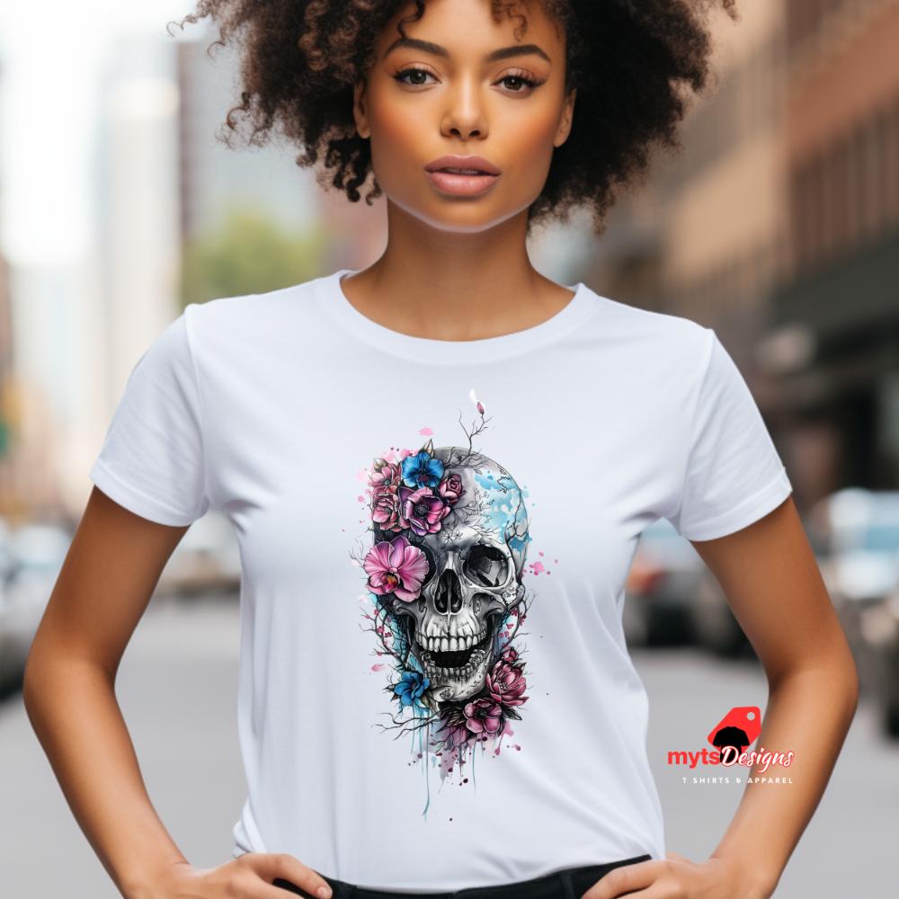 Gothic Skull in Flower Design T-Shirt,  Goth Style Graphic Tee, Skull T Shirt, Goth shirt