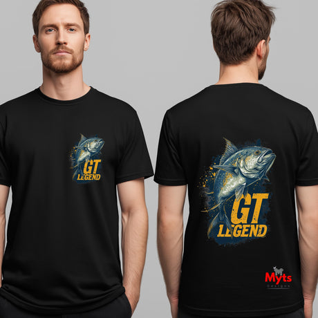 "Black GT Legend fishing tee with bold Giant Trevally illustration for offshore anglers"